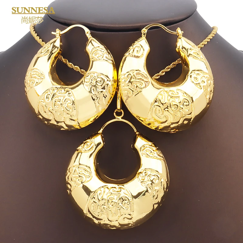 

SUNNESA Fashion Hoop Earrings 18k Gold Plated Dubai Jewelry Set for Women Fashion African Necklace Earrings Party Gift Jewellery