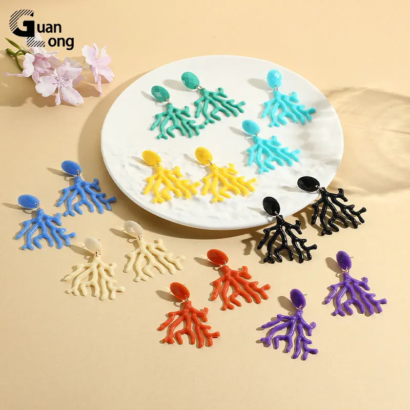 GuanLong Korean Colorful Resin Coral Big Dangle Earrings For Women Long Ins Drop Earring Girls Summer Party Gift Fashion Brincos