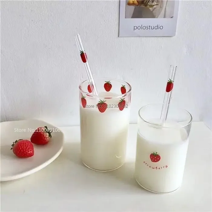 260/360ml Strawberry Cute Glass Cup without Straw Creative Transparent Water Cup Student Milk Heat Resistant Glass Nana