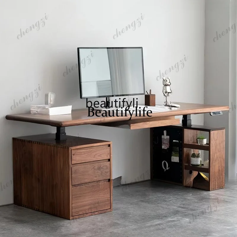 Nordic solid wood electric lifting desk black walnut computer desk log study table
