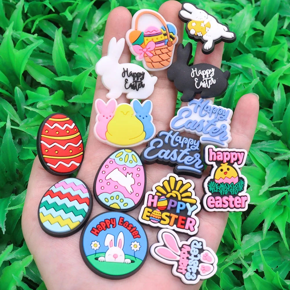 1-14Pcs PVC Happy Easter Sandals Shoes Charms Decorations Cute Rabbit Eggs Designer Decoration Fit Backpack