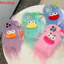 Korean Funny Fluffy Plush Monster Cases For iPhone 17 Pro Max 15 16 14 Plus 13 12 11 Cute Girl Winter Warm Cover Fur Soft Coque