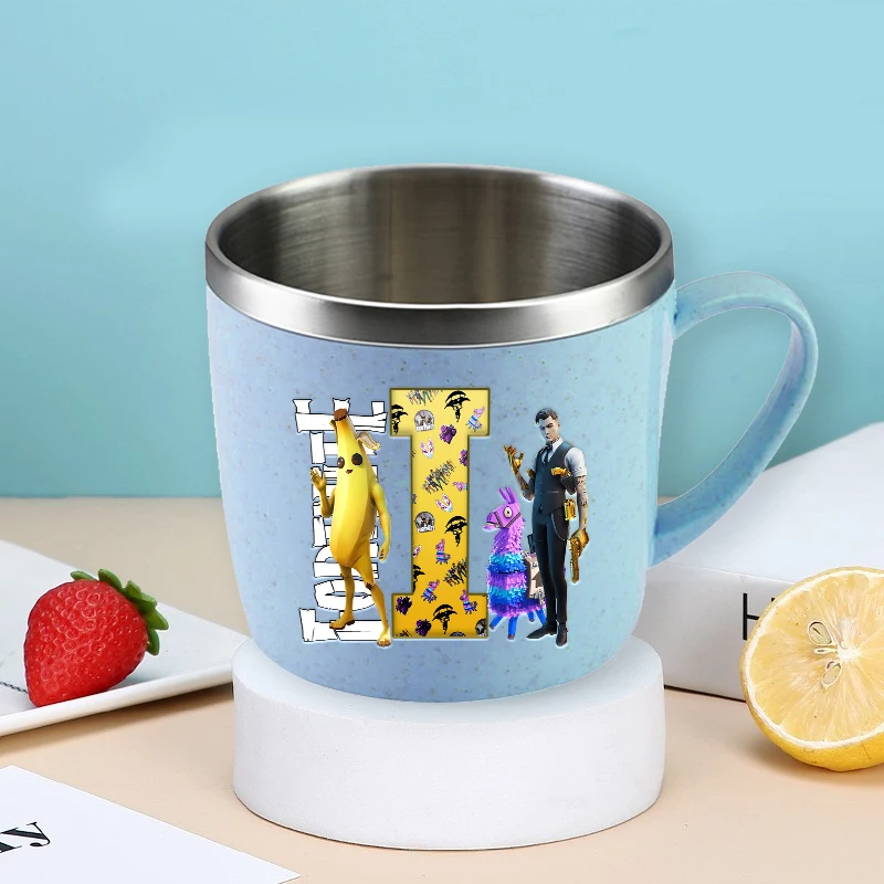 Juego Fortnites tazas de agua de acero inoxidable letra A-Z Anime tazas de café leche con mango hogar Oficina escuela té tazas para beber