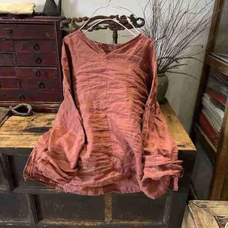 ฤดูใบไม้ผลิฤดูร้อนใหม่ศิลปะสไตล์ผู้หญิงแขนยาว V คอหลวม TShirt VINTAGE ผ้าฝ้ายลินิน TEE เสื้อ Femme Tops คุณภาพสูง 1415