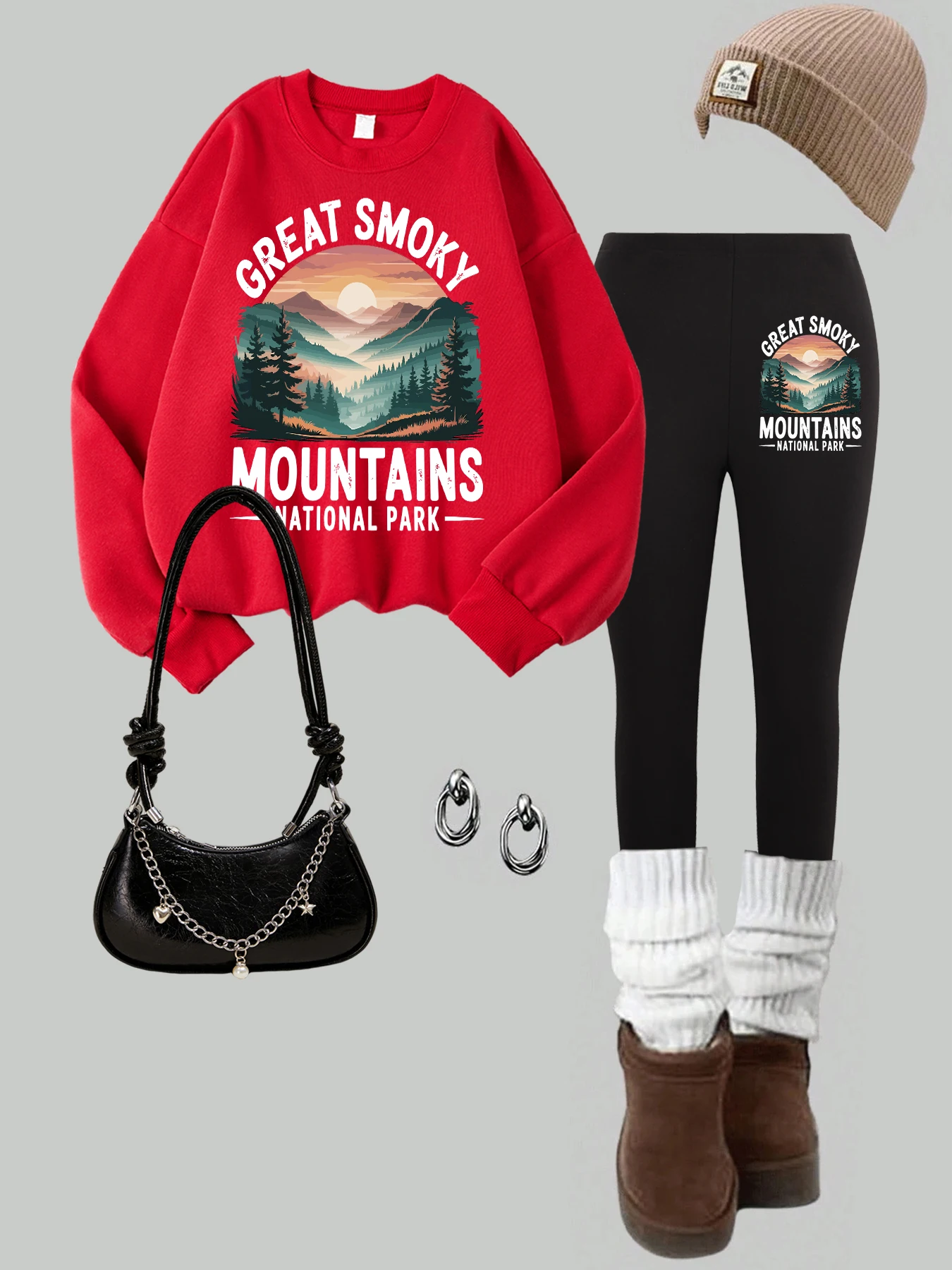 

Женский свитшот с принтом Great Smoky Mountains, утепленные мягкие леггинсы, флисовый пуловер Y2K, повседневные комплекты в стиле хип-хоп из 2 предметов