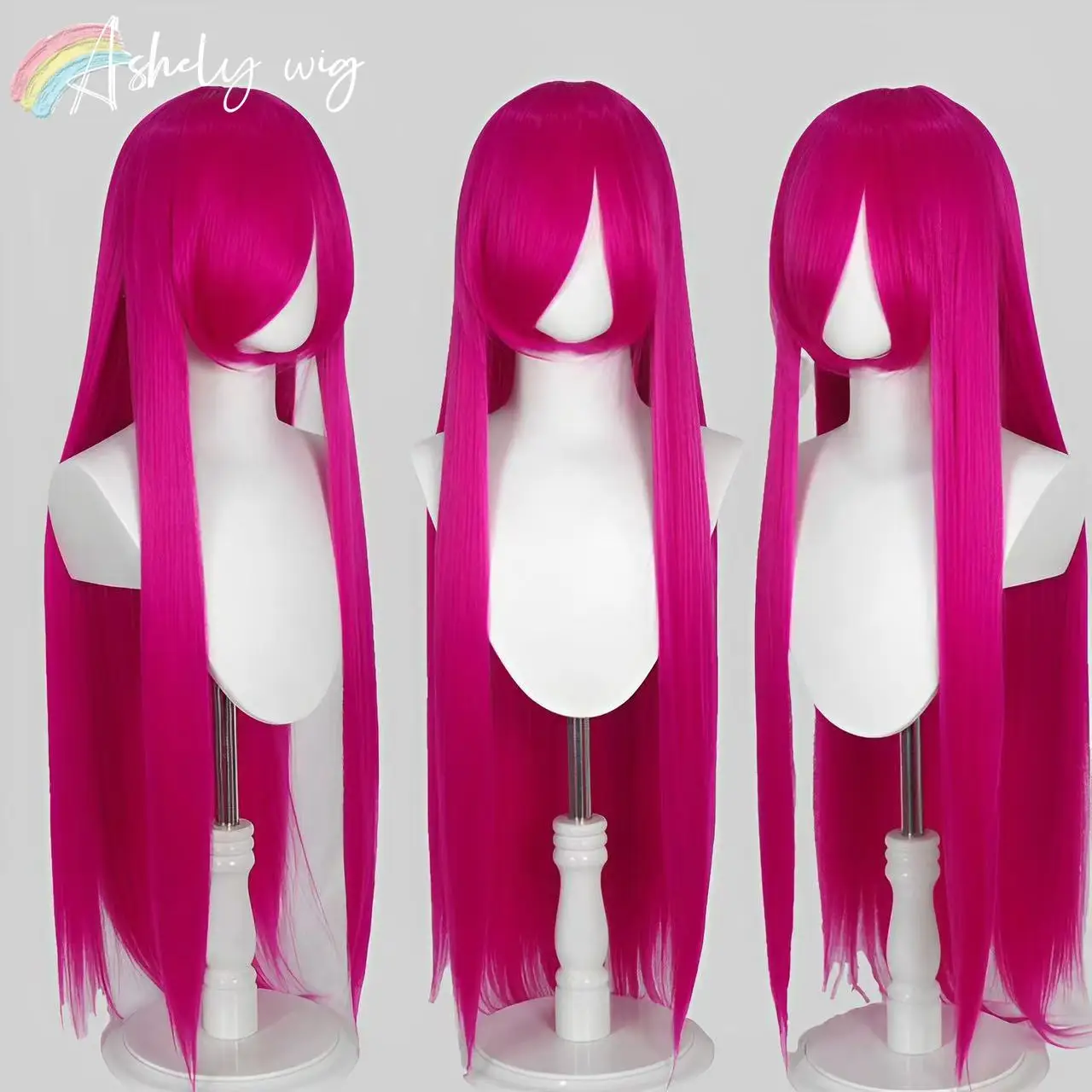 

Hot Pink Wig 100cm Super Long Straight Wigs with Bangs Cosplay Machine Wigs High Temperature Fibers Mura Synthetic Cosplay Wig