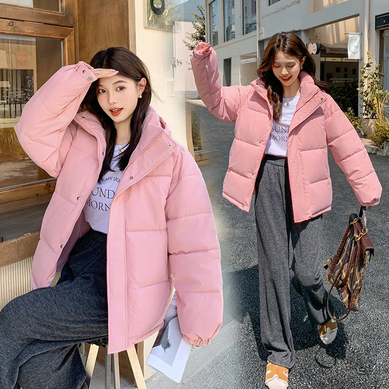 2026 Fashion Down Cotton-padded Jacket Women's Short Winter Coats Thicken Warm Tops Hooded Parkas Student Loose Bread Outerwear