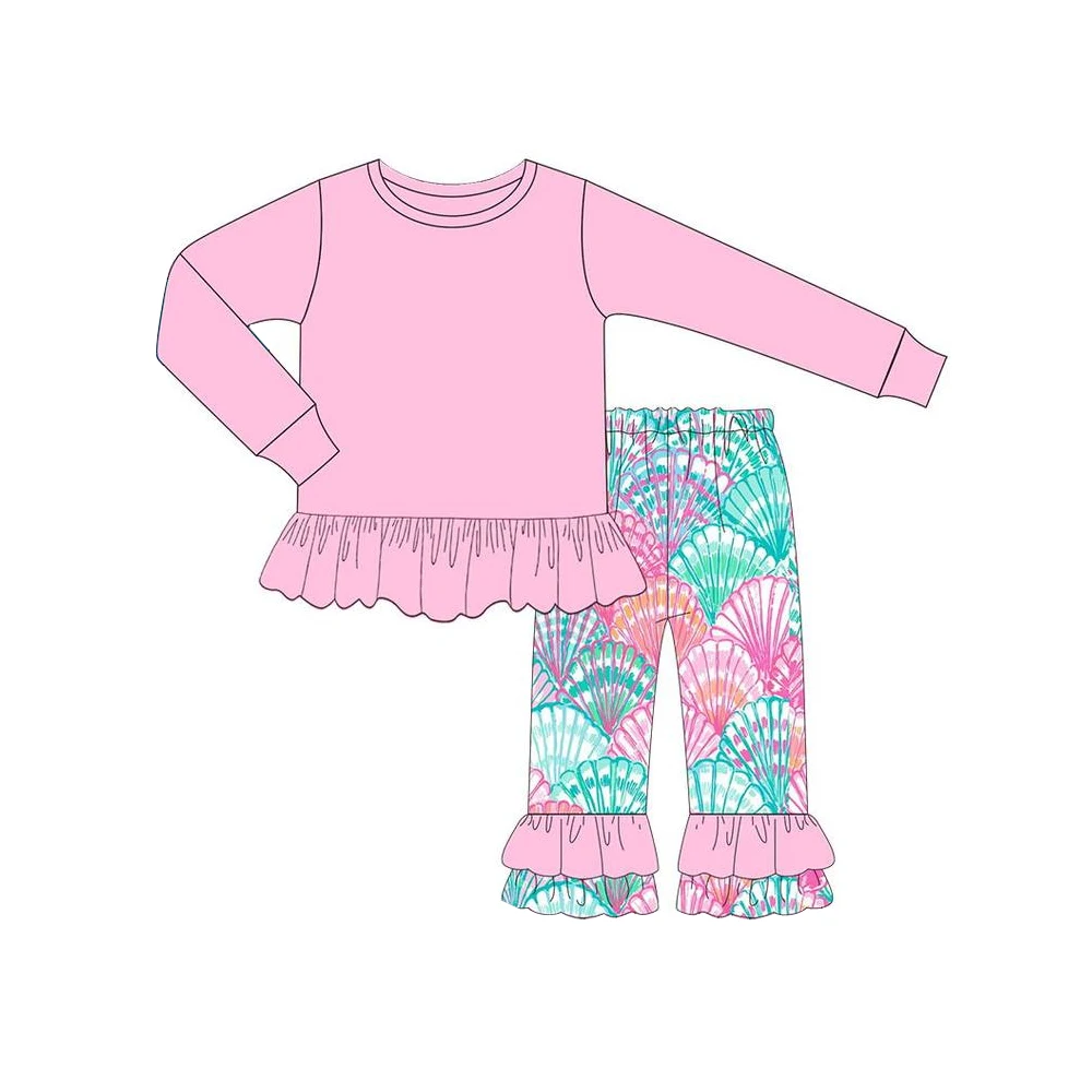 Autumn Girls Long Sleeve Round Neck Pink Ruffle Decorated Top Printed Pants Boutique Set Wholesale and Retail