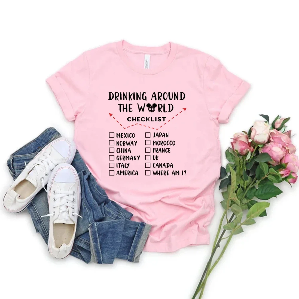 Unisex T Shirt Drinking Around The World Checklist T-Shirt Epcot Drinking Wine and Food T Shirts Short Sleeve Tees Casual Tops