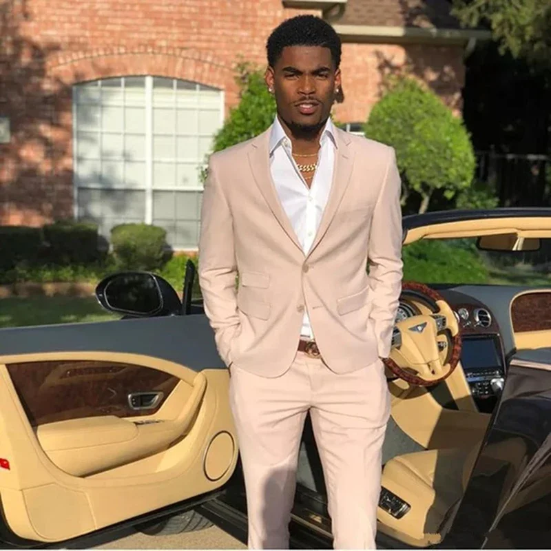 

2 Piece Business Suits Beige Men's Wedding Suits Double Pocket Two Buttons Notch Lapel Blazer Coat Pants Groom Dinner Tuxedos