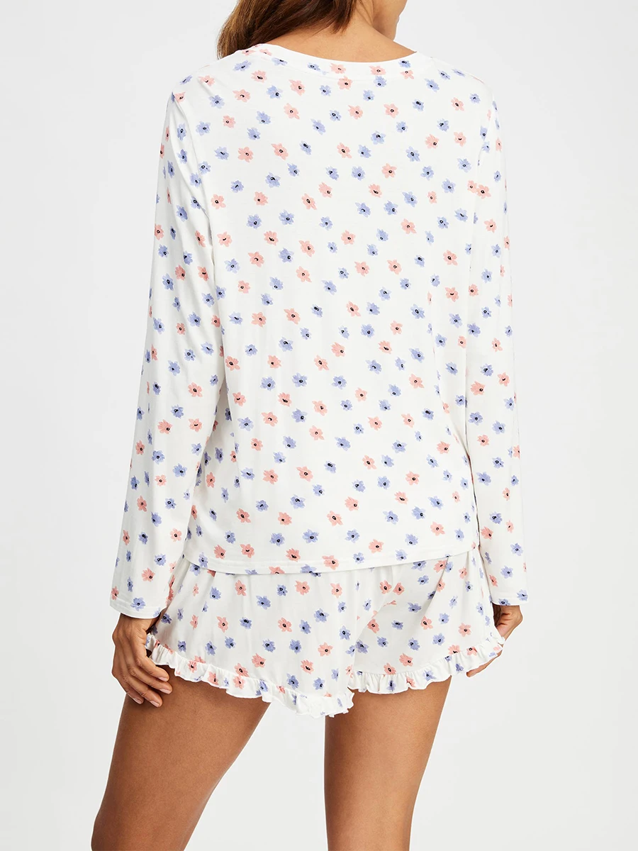 Ensemble pyjama 2 pièces Y2k pour femme, t-shirt à manches longues à volants floraux mignons, haut boutonné et short, pyjama, vêtements de détente pour le sommeil