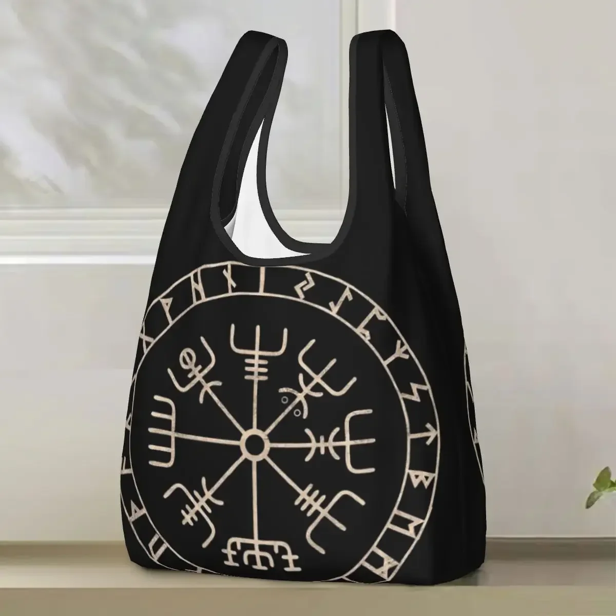 Runic Viking Compass Vegvisir Celtic Shopping Bag Portable Tote Bags Foldable Shoulder Shopper Bag Groceries Handbag