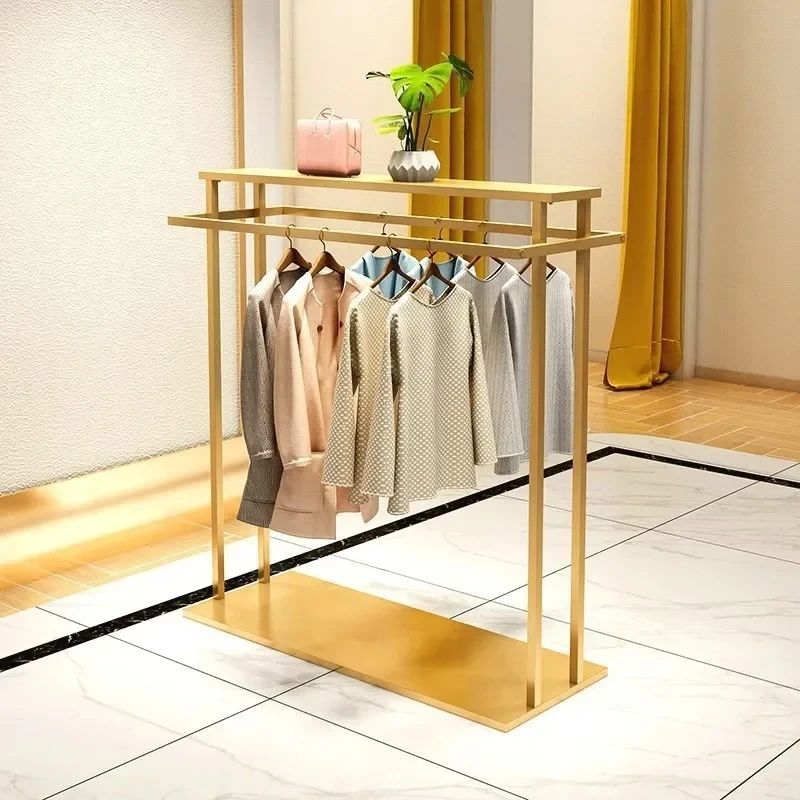 Clothing store double row Nakajima display rack floor-to-ceiling wrought iron gold men's and women's hanging clothes rack childr