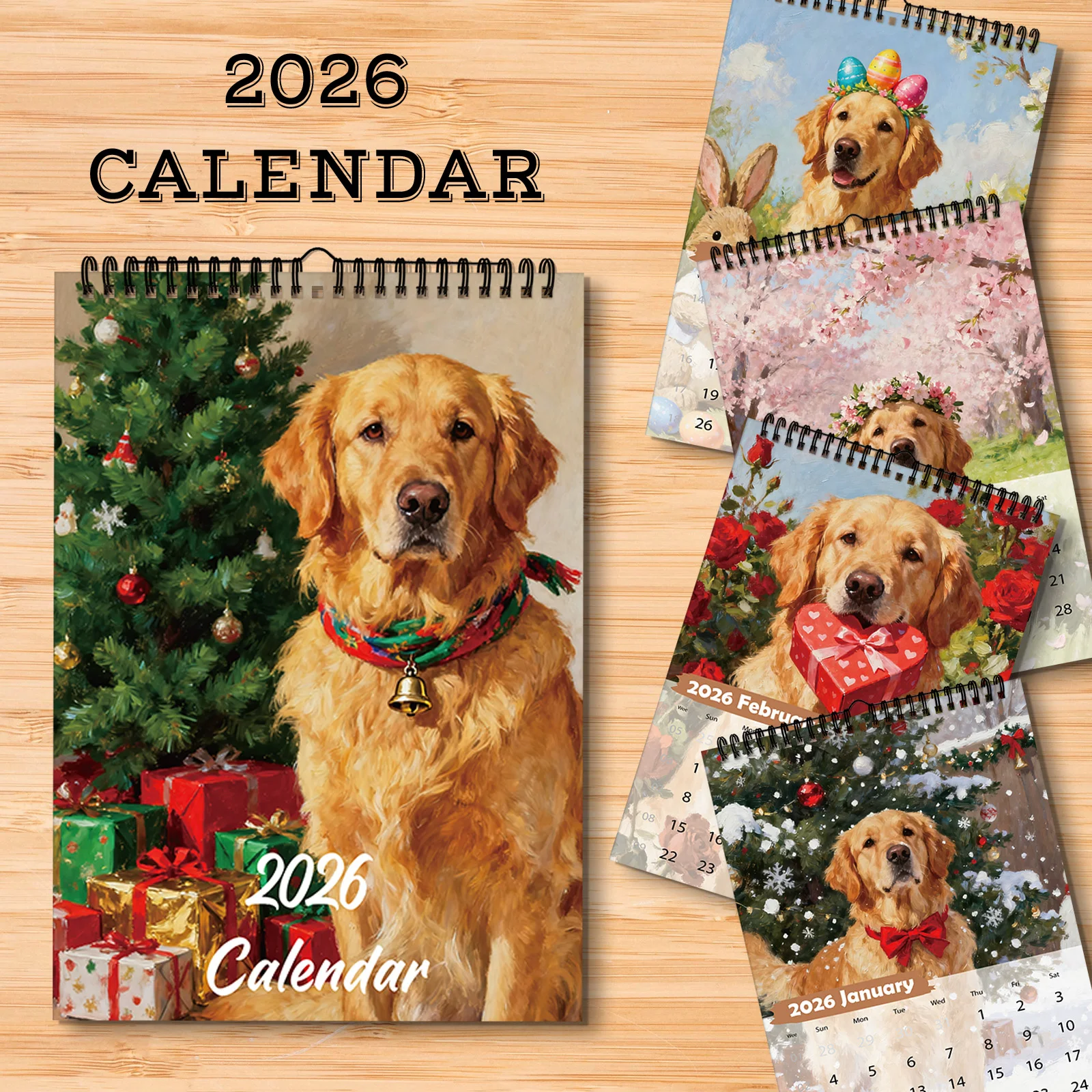 

1 шт. 2026 настенный календарь «Золотистый ретривер», ежемесячные темы со сценями «Золотистый ретривер», размер А4, декор для дома и офиса, подарок на Новый год