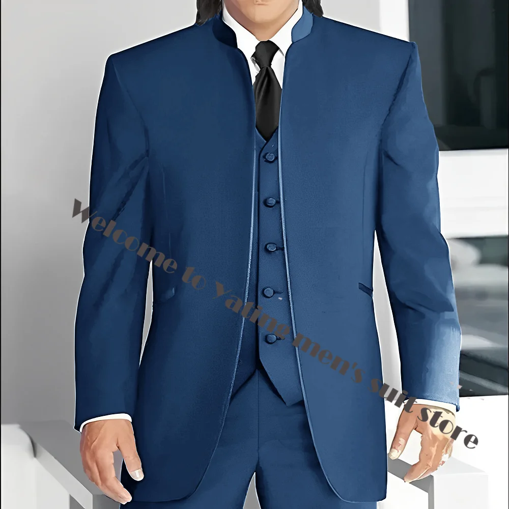 Middle East Stand Collar Men Suits Groom Wedding Tuxedos Black Men\'s Suit with 3 Piece Trim Fit Formal Wear Prom Men Blazer