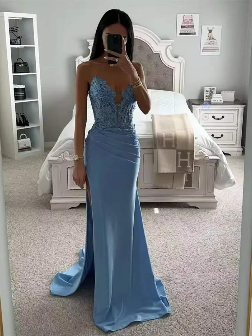 Elegant Strapless Blue Satin Light Luxury Sexy Fishtail Evening Dress Lace Decal Birthday Party Dress Customized