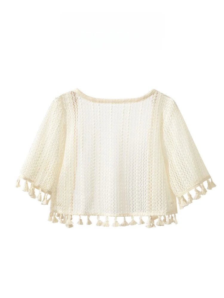 Ice Silk Summer Lightweight Knitted V-Ne Hollow out ort Sve Open Cardigan Women's awl Strap Dr Outerwear