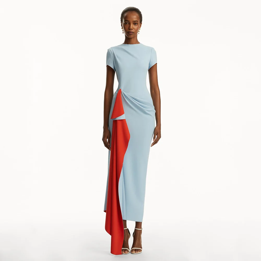 

Midi Party Dress Column O Neck Short Sleeves Tea Length Short Formal Gowns for Women 2025 Ruffle Side Split Modern Party Dresses