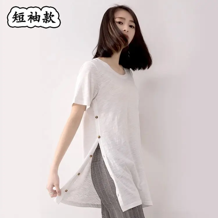 

Split T-shirt Women's Short-Sleeved Mid-Length White Cotton Base Shirt Loose Slimming Button Open Top