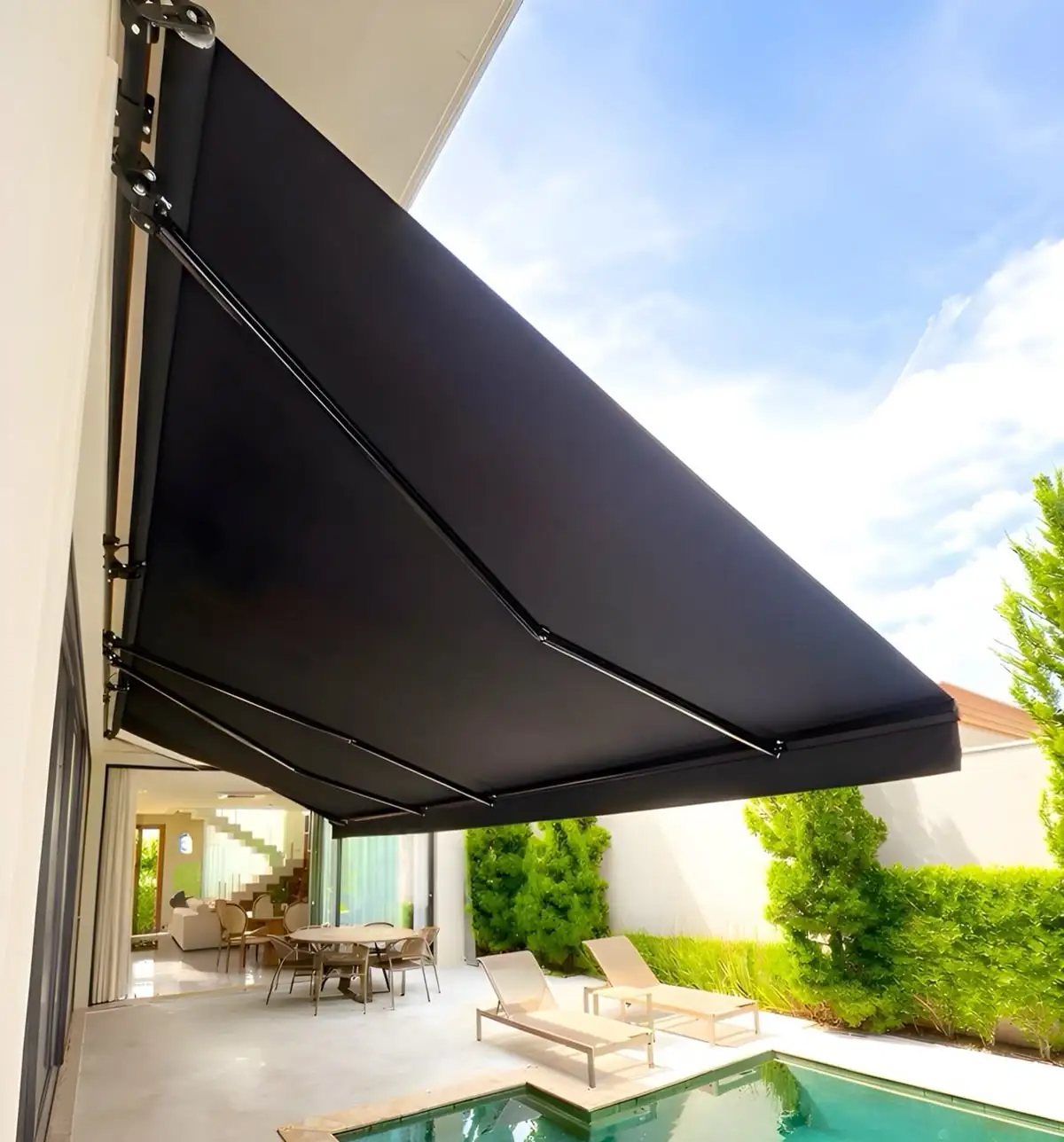 Custom Wall Mounted Waterproof Motorized Retractable Acrylic Full Cassette Awning with Led Lights Aluminum Folding Arm Awning