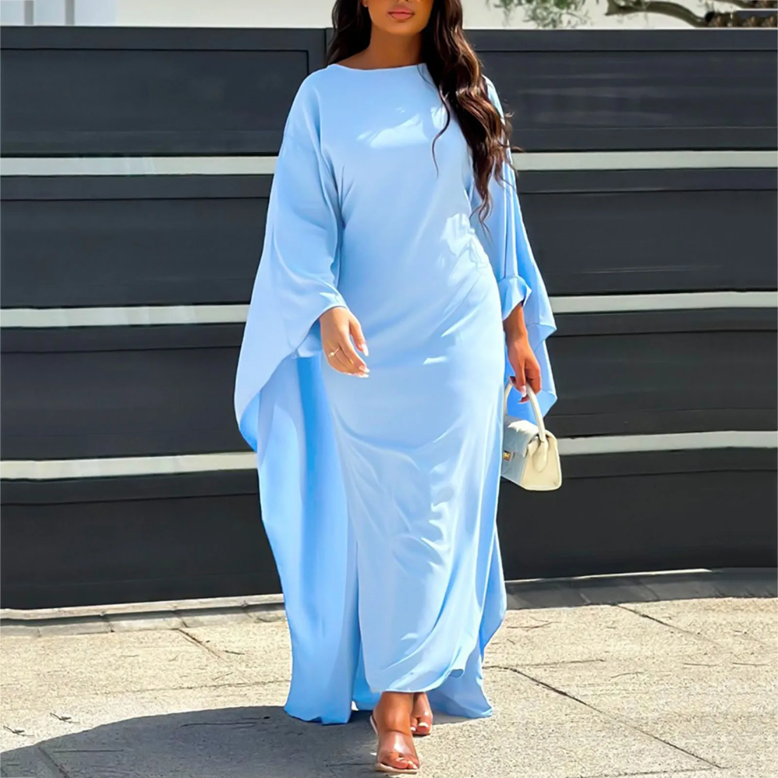 2024 Fashion Elegant Satin Party Dress Robe Abaya Muslim Women Elegant Solid Round Neck Bat Sleeves Loose Maxi Dress Women