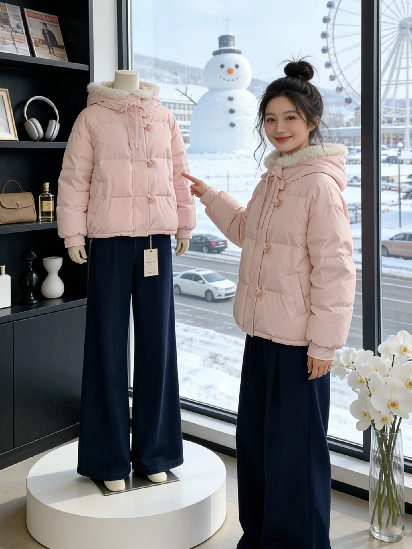 

Сладкая розовая женская зимняя куртка с капюшоном и меховым воротником, утепленная, на хлопковом наполнителе, маленького размера, с узлом, теплая, утолщенная, объемная, в стиле пуховика