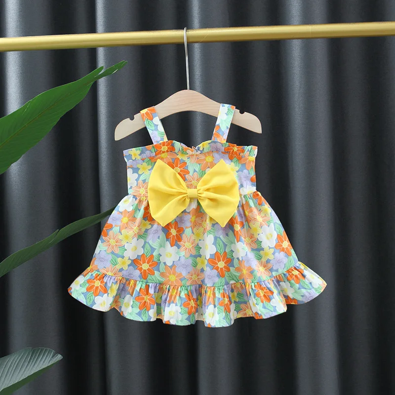 Children's clothing new summer girls dress baby girl big bow full of flower print suspender princess dress