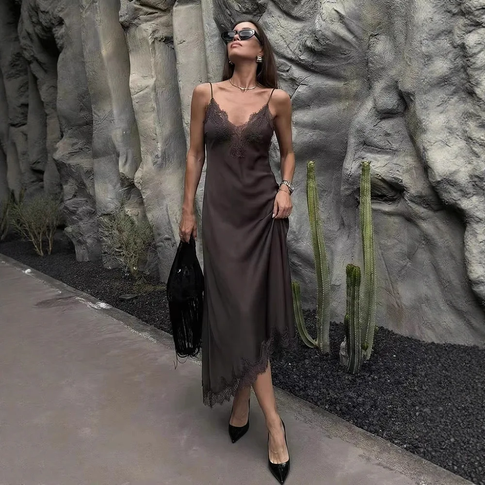 Women's Sexy Strap Dress Fall Fashion High Street Lace-Trimmed Satin Feel Sleeveless Skirt Solid Color Irregular Long Petticoat