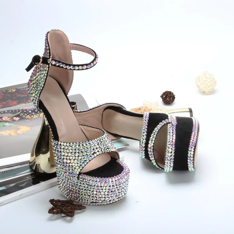 Bling Rhinestone Drilled Platform Bowling Heels Sandals Women Peep Toe Gladiator Crystal Strange Heels Ankle Strap Wedding Shoes