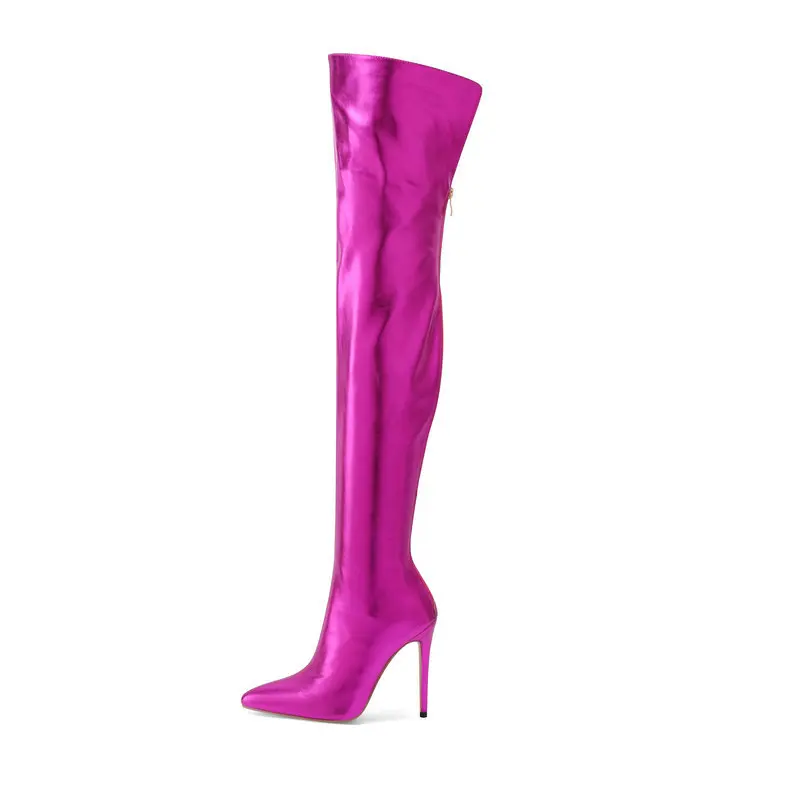 Patent Leather Pink Silver Gold Pointy Toe Overknees Back Zipper Wide Calf Thigh High Stiletto Heels Over-the-knee Stretch Boots