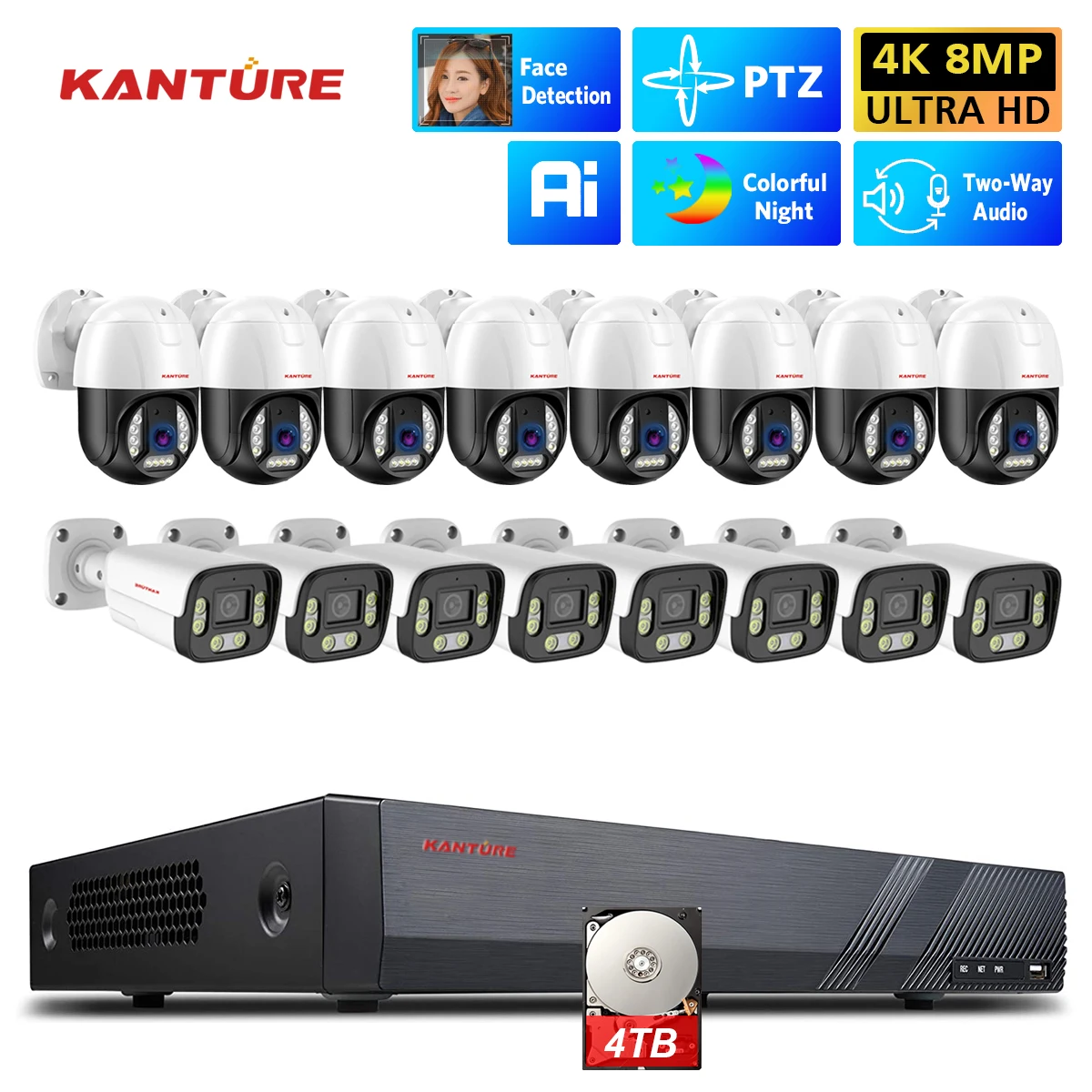 XMEYE 4K 16CH POE Security Camera System 2K PTZ Outdoor Waterproof Ai Face Detection Two Way Audio Video Surveillance NVR Kit