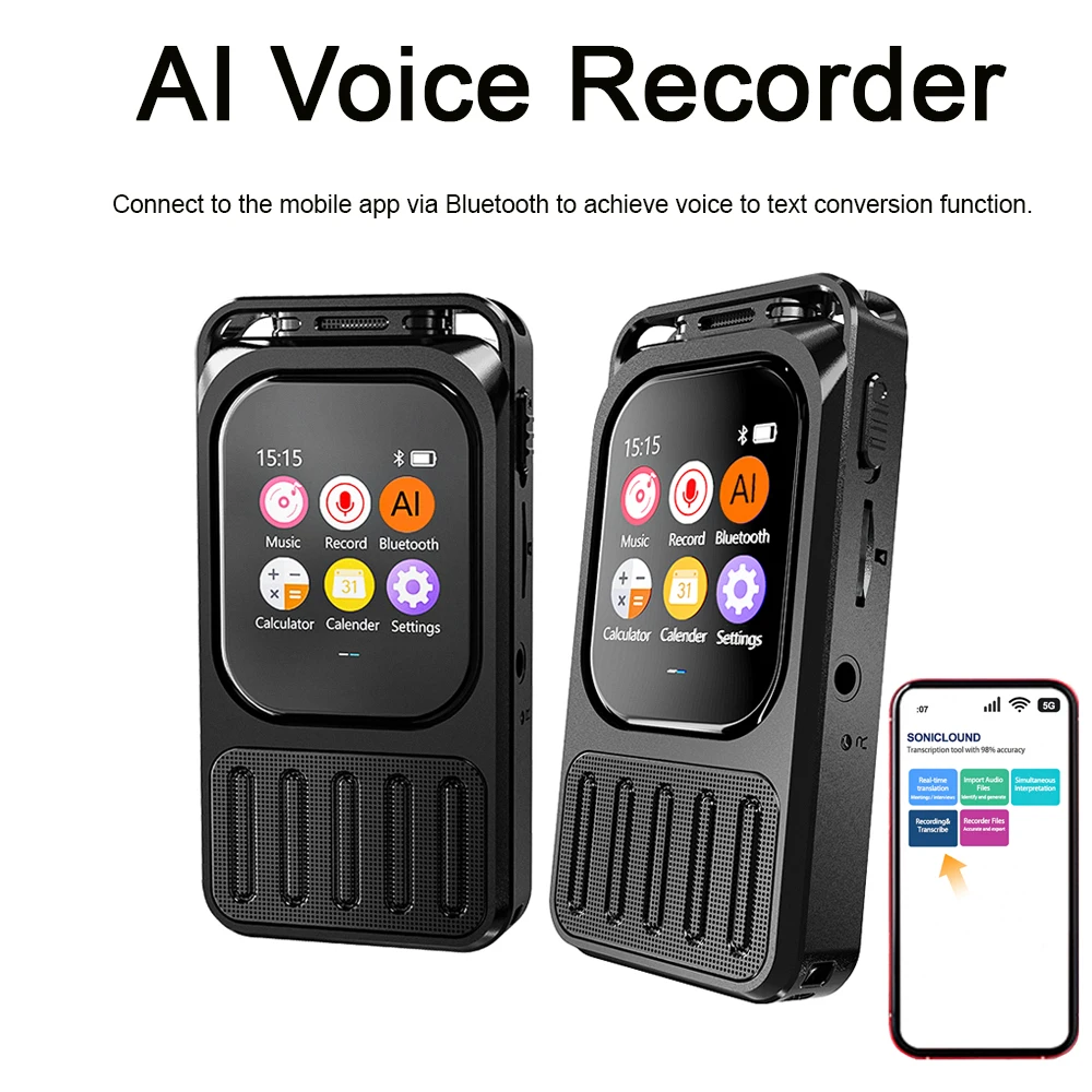

V78 AI Recorder Приложение для подключения синего зуба, 1200 мАч, 79 часов, длительная запись голоса, сенсорный экран для просмотра и разговоров и Summarization