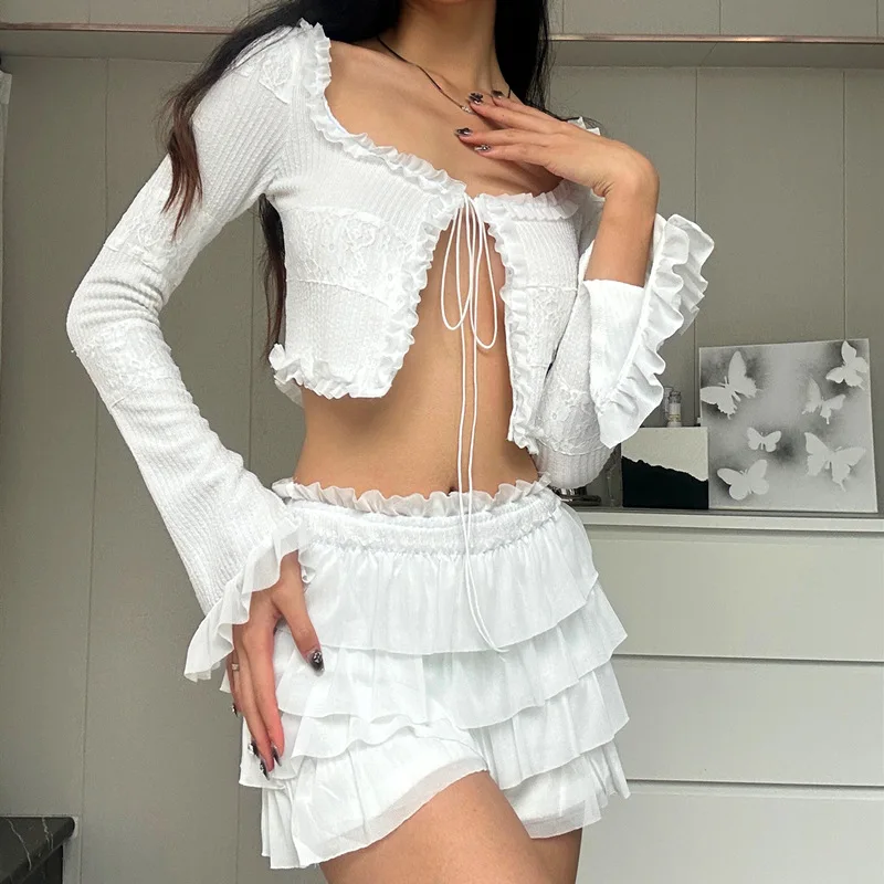 Y2k Knit Splice White 2 Piece Sets Women Outfit Sexy Long Sleeve Tops and Mini Tiered Skirts Suits 2024 Summer Nightclub Wear