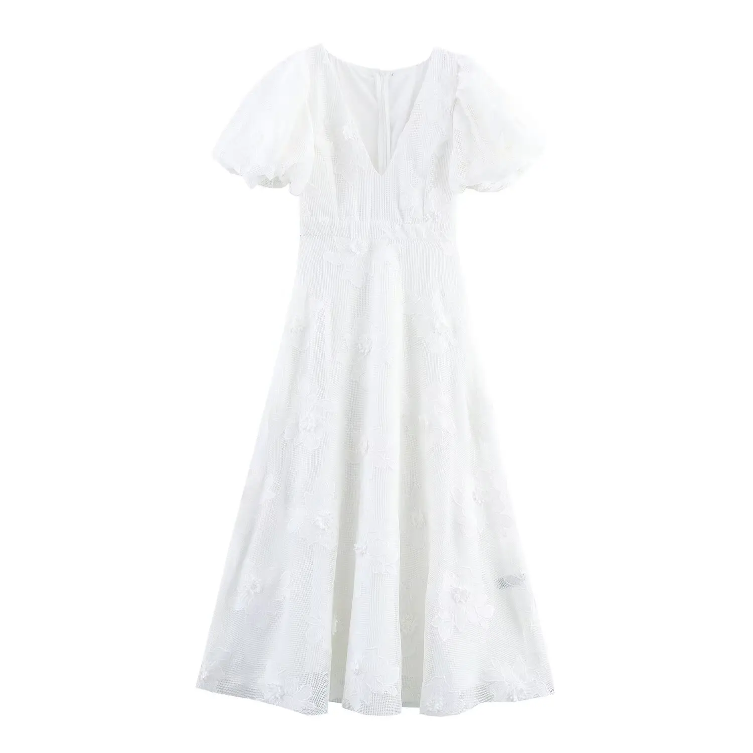 

New Summer Women Elegant V-Neck Embroidered Decoration Short-Sleeved Side Zipper Dress Woman Beach Holiday Long Dresses