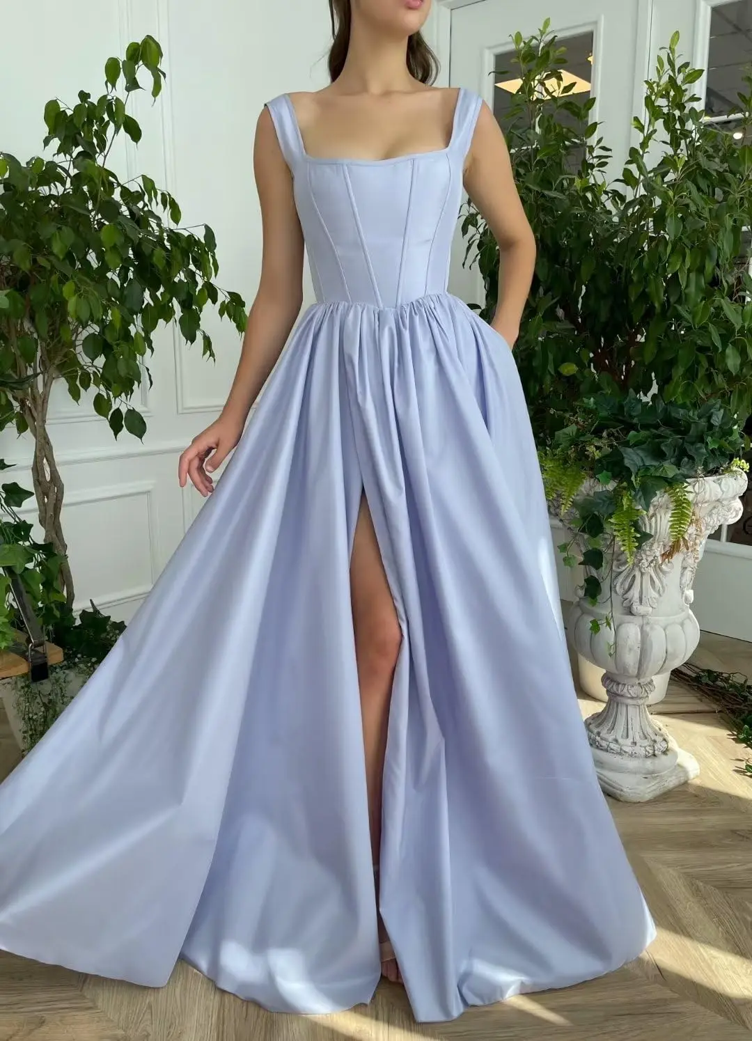 

Square Neck Satin Prom Dresses for Women Simple A-Line Evening Formal Gown with Pocket