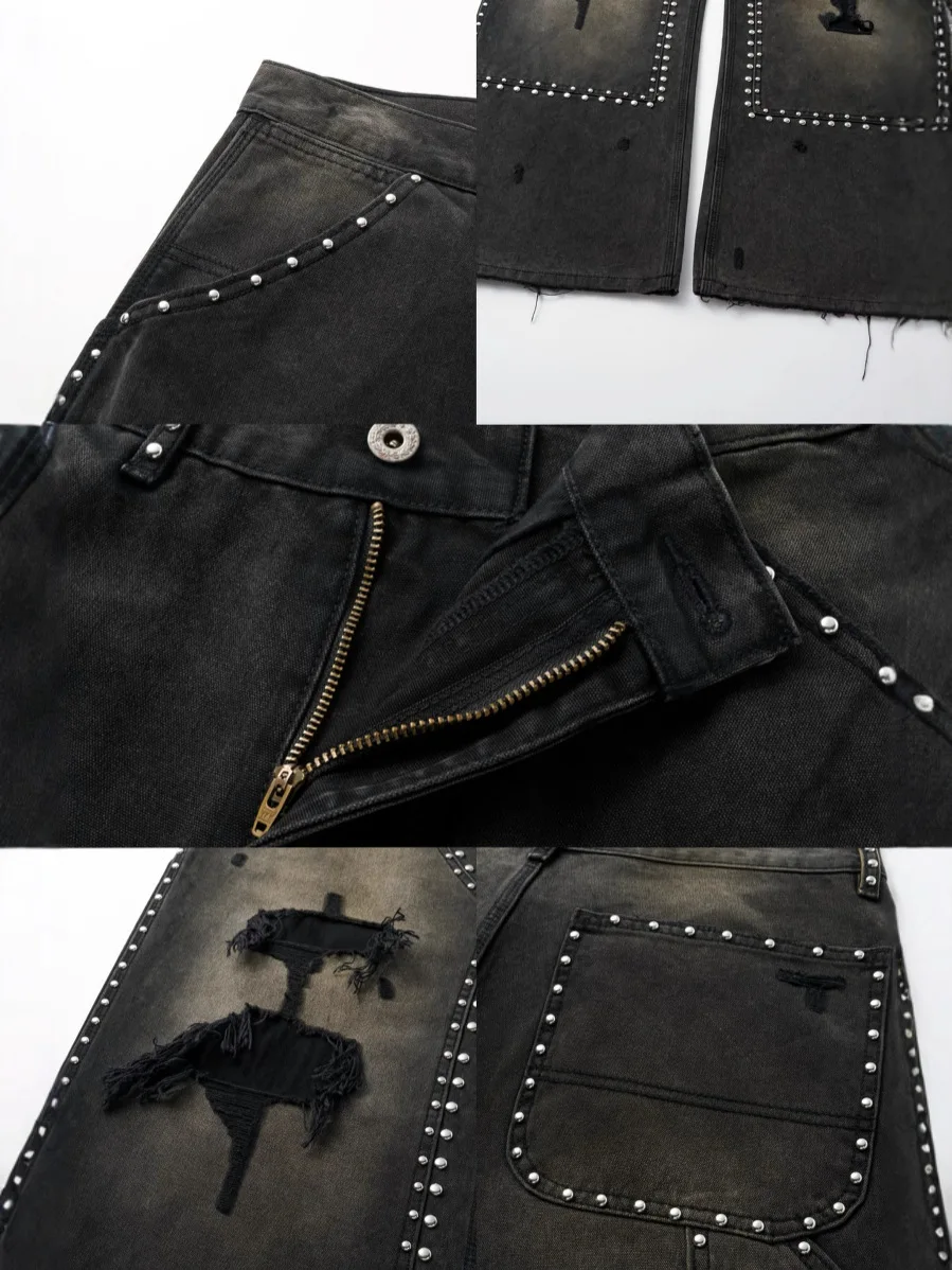High Street Sle Hand-Riveted Tear-Destroyed Logging Pants 2025 Autumn Men's Straight Leg Jeans Mid-Waist Zipper Closure Sports