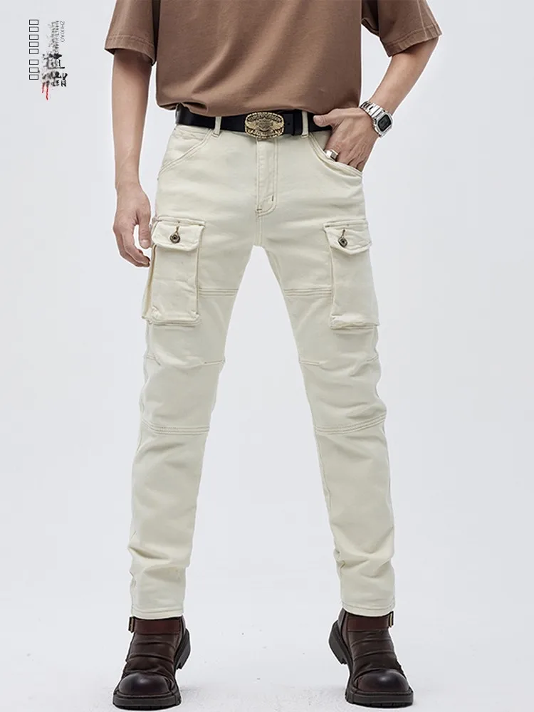 

Мужские джинсы в стиле ретро, американские, премиум-класса, эластичные, белые, зауженные, повседневные, для мотоциклистов, рабочие, длинные брюки