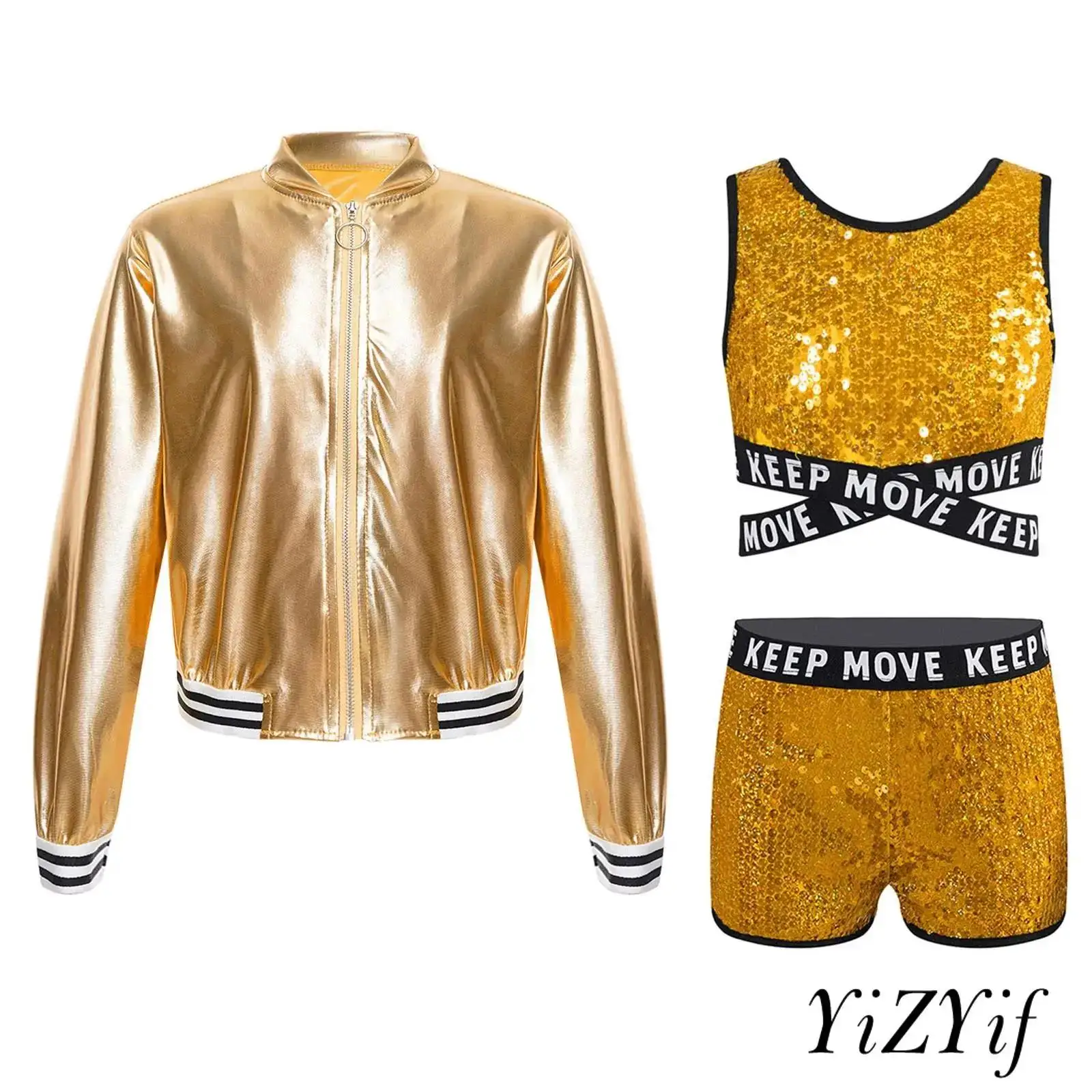

Girls Jazz Dance Outfit Sleeveless Round Neck Crisscross Strap Top with Sequin Shorts Metallic Jacket for Street Dance Costume