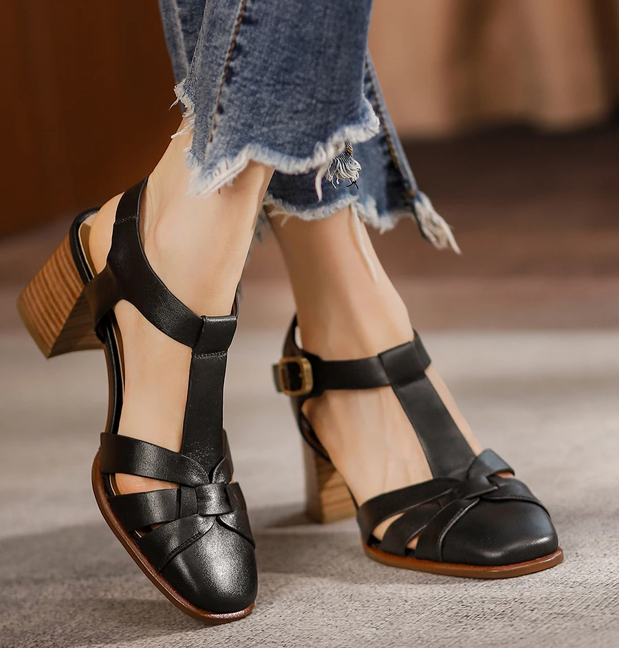 EAGSITY Cow Leather British style brown high heel sandals women ankle strap chunky heel slingback heel pumps retro andals