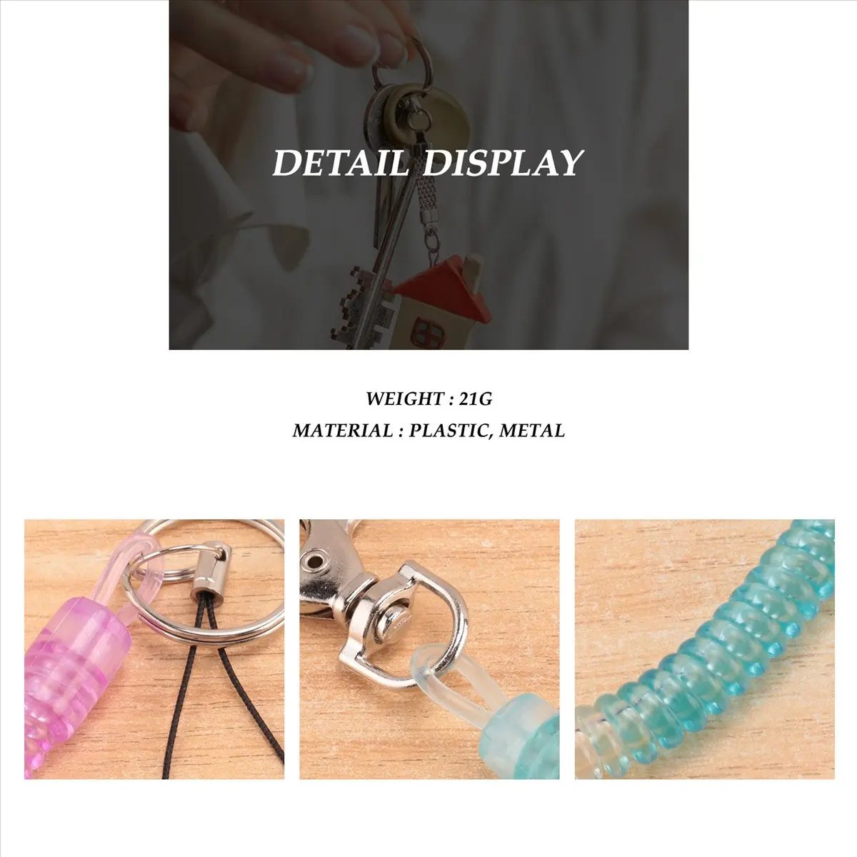 HITL Lobster Hook Blue Spring Stretchy Coil Keyring Keychain Strap Rope Cord