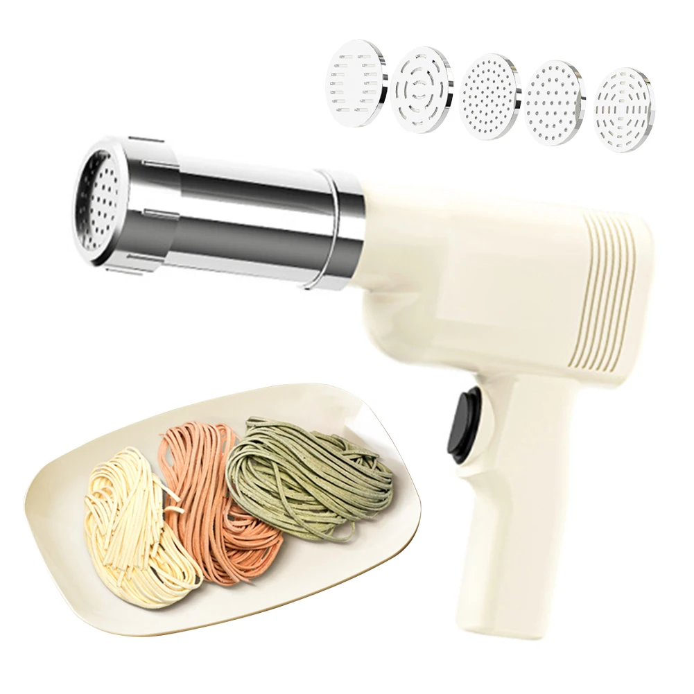 Handheld Noodle Press Gun Cordless Portable Pasta Noodle Maker 5 Molds USB Charging for Homemade Pasta