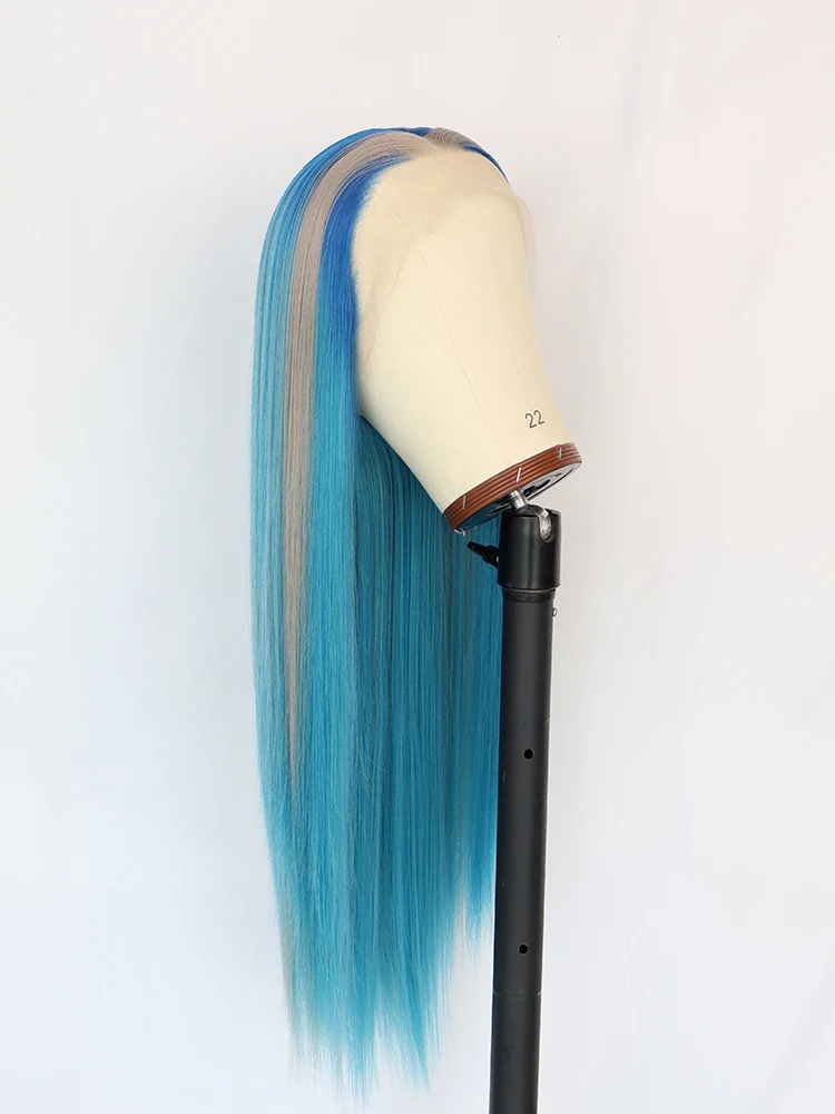 Peruca frontal de renda sintética com cor listrada para mulheres, cabelos lisos longos com destaques, fibra resistente ao calor, moda skunk 13x3