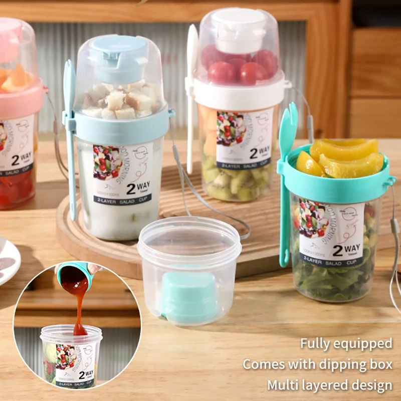 

800ml Double-Layer Portable Salad Cup Oatmeal Cereal Nut Yogurt Salad Cup Container With Fork Food Storage Box Mason Jar