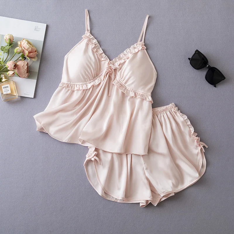 2PCS Pajamas Set Womens V-Neck Camisole Sleep Suit Satin Sleepwear Nightgown Summer Sexy Sleeveless Pijamas Home Clothes