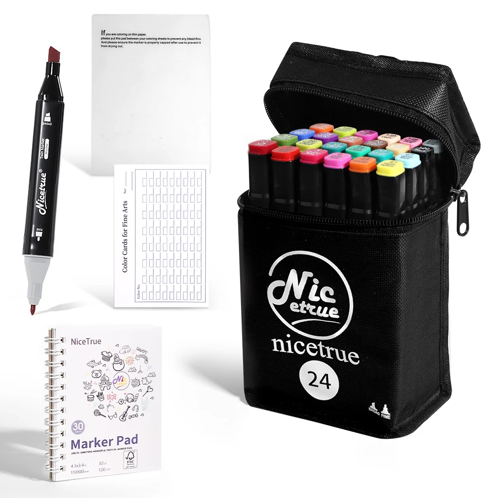 

Nicetrue 24 Colors Twin Tip Color Markers Alcohol-based Soft Juicy Flow Smooth Ideal for Drawing Casual Beginners Case and Pad