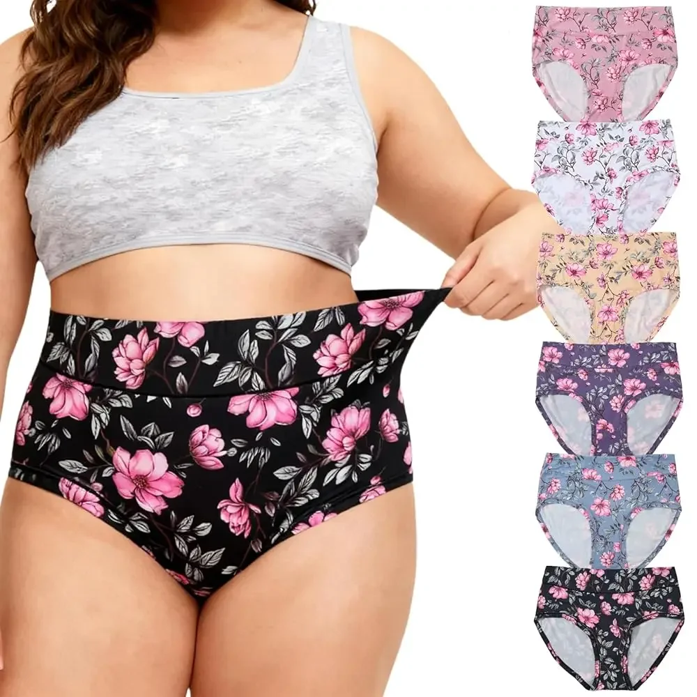 

Женское нижнее белье XL-5XL, трусики больших размеров для женщин, трусы с высокой талией, с цветочным принтом, набор из 6 штук