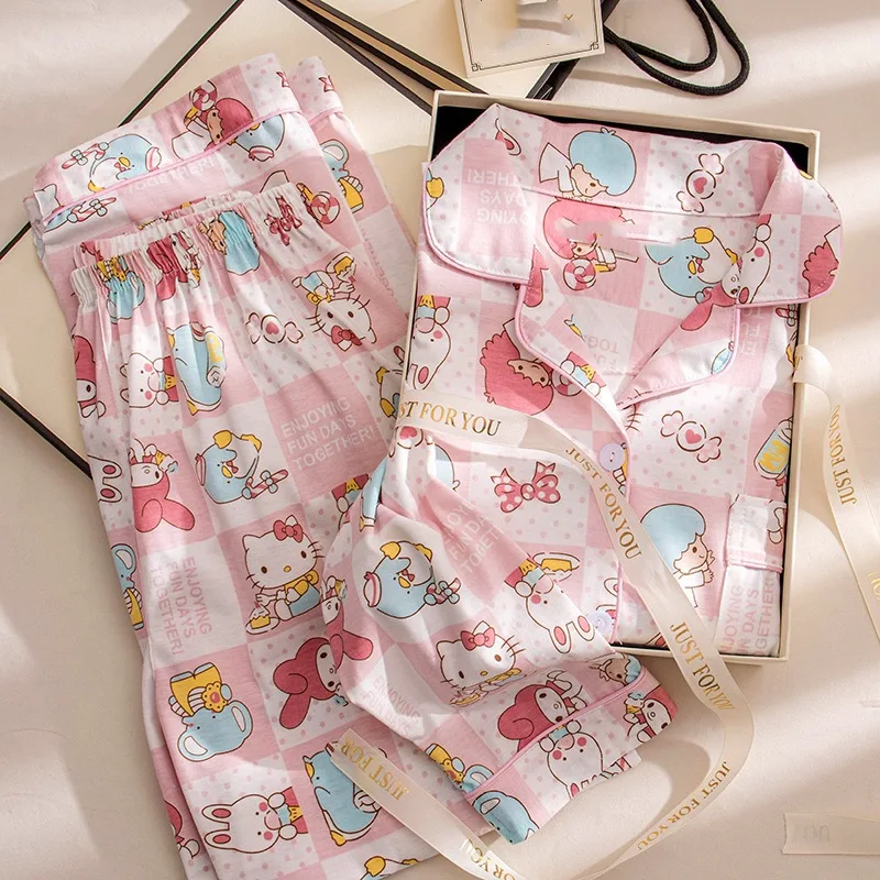 Hello Kitty Sanrio ชุดนอนแขนยาวชุดนอนชุดนอนผู้หญิงพิมพ์ลายการ์ตูนเสื้อพร้อมกางเกงชุดอยู่บ้านชุดนอน
