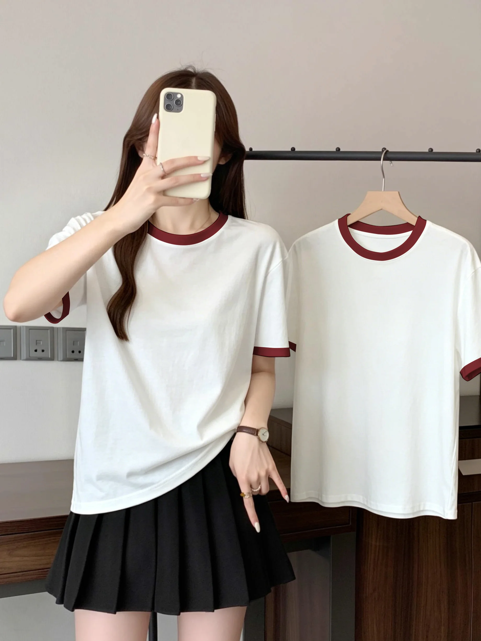 Loose Fit Women's Cotton T-shirt round Neck Short Sleeve Casual Style Color Block Design Summer Top for Daily Commuting