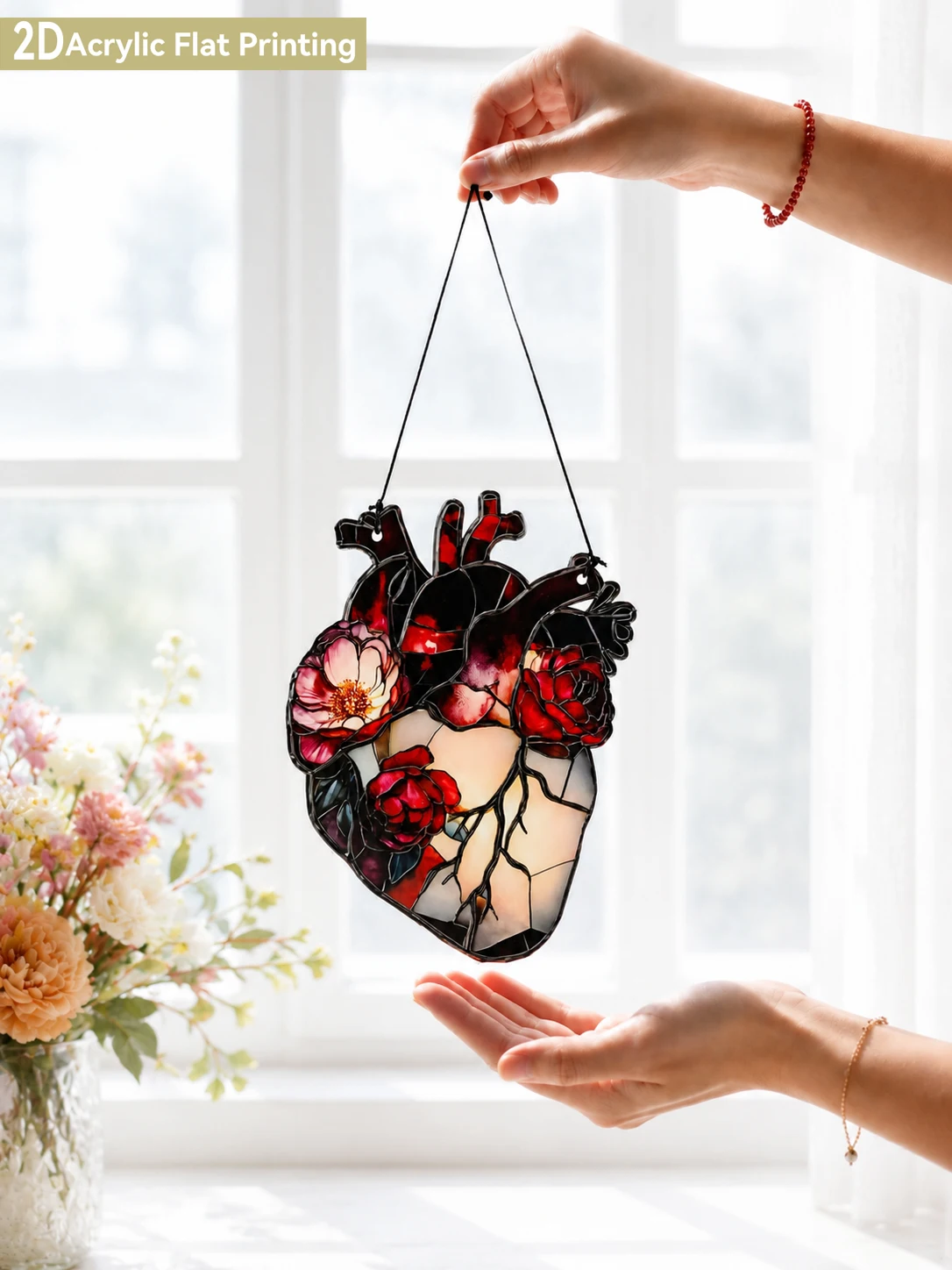 Vintage Gothic Floral Anatomical Heart Suncatcher Acrylic Window Wall Hanging Ornament Red Rose Heart Art Home Wall Decor Gift