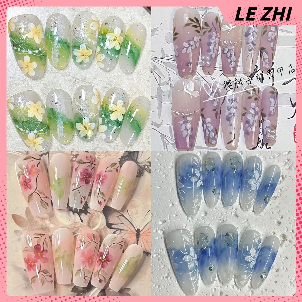 

Chinese Style Flowers Long Coffin Ellipse Handmade Press On Nails Butterfly Peony Wisteria Crabapple Peach Blossom False Nails